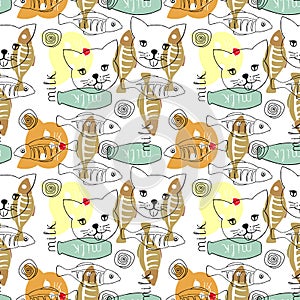 Seamless pattern from Fish with ridge and ribs, cat, milk bottle. Children`s pattern for fabric. Vector stock illustration eps10.