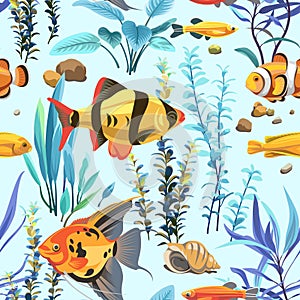 Seamless pattern with fish and seascape isolated on a blue background.