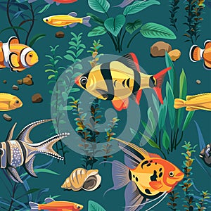 Seamless pattern with fish and seascape isolated on a blue background.