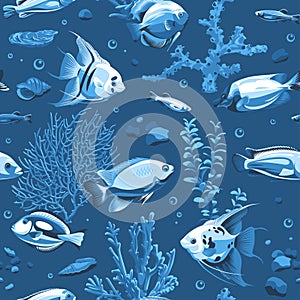 Seamless pattern with fish and seascape isolated on a blue background. Illustration of underwater life.