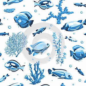 Seamless pattern with fish and seascape isolated on a white background. Illustration of underwater life.