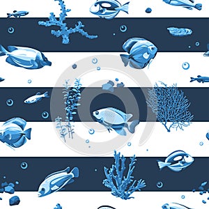 Seamless pattern with fish and seascape isolated on a white and blue striped background.