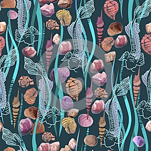 Seamless pattern -fishes and seashells