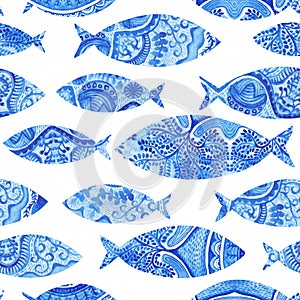 seamless pattern with fishes, watercolor hand painted background