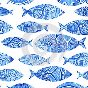 seamless pattern with fishes, watercolor hand painted background photo