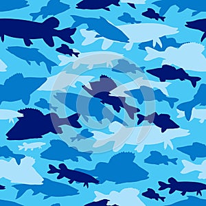 Seamless  pattern of fishing camouflage. Blue camo of freshwater fish