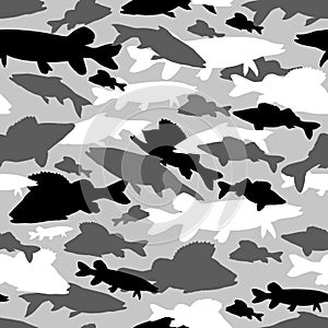Seamless  pattern of fishing camouflage. Grey black camo of freshwater fish