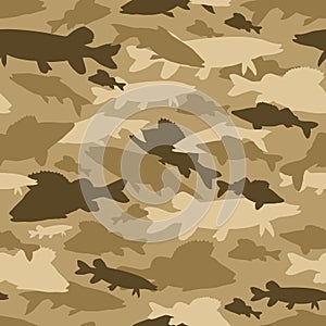 Seamless  pattern of fishing camouflage. Khaki camo of freshwater fish