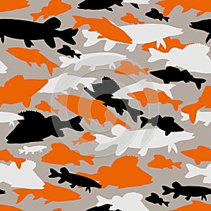 Seamless  pattern of fishing camouflage. Orange black camo of freshwater fish