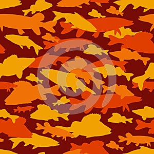 Seamless  pattern of fishing camouflage. Orange red camo of freshwater fish