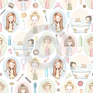 Seamless pattern with five girls who do beauty treatments and various cosmetics
