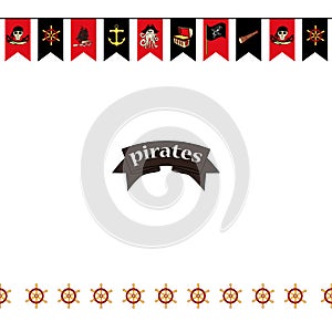 Seamless pattern. Flags on the pirate theme symbols-swords, treasure chest, skull and bones, Davy Jones, etc.