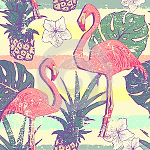 Seamless pattern with flamingo birds