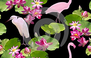 Seamless pattern with flamingo birds and a heron among pink lotus flowers on a black background