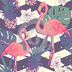 Seamless pattern with flamingo birds