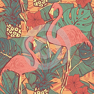 Seamless pattern with flamingo birds and pineapples