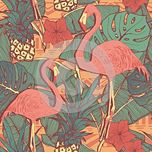 Seamless pattern with flamingo birds and pineapples photo