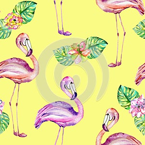 Seamless pattern with the flamingo and exotic flowers