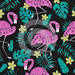 Seamless pattern with flamingo, exotic leaves. Hand drawn vector tropical elements on dark background
