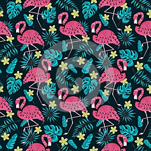 Seamless pattern with flamingo, exotic leaves. Hand drawn vector tropical elements on dark background