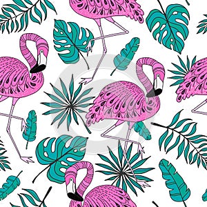 Seamless pattern with flamingo. Hand drawn vector tropical elements on white background