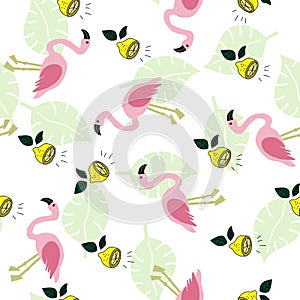 Seamless pattern with flamingo, lemon