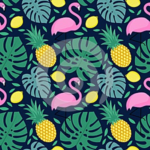 Seamless pattern with flamingo, pineapple, lemon and green palm leaves