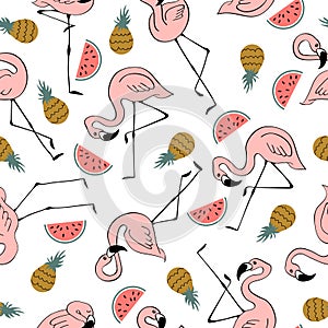 Seamless pattern with flamingos and fruits