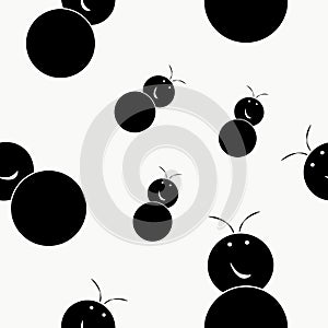 Seamless pattern with flat black smiling happy cartoon bugs, little creepy spooky spiders, insects, beetles, ants.