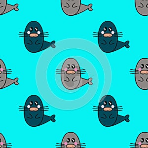 Seamless pattern, flat cartoon character seal on blue background
