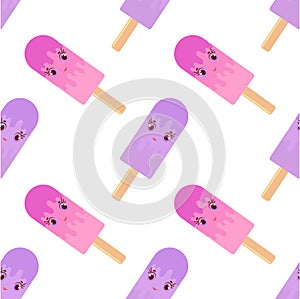 Seamless pattern of flat cartoon smiling purple and pink Popsicles on wooden sticks. Watered colored glaze. On a white background