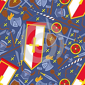 Seamless pattern flat chivalric equipment banner. Knight set of helmet, shield, sword, knife vector illustration. photo