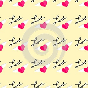 Seamless pattern . Flat design of Lovely heart with wing is flying in the bright yellow background.