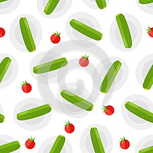 Seamless pattern with flat icons of cucumber, pomodoro on a plate