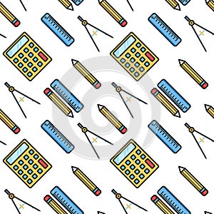 Seamless pattern with flat icons icon of ruler, compasses, pencil and calculator on white background. Vector illustration.