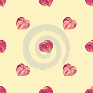 Seamless pattern colorful fruits in realistic style flat peaches drawing in mixed media on yellow background.