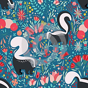 Seamless pattern in flat style with cartoon floral elements, flowers and skunks. Cute colorful background.