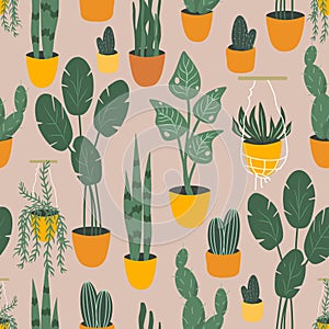 Seamless pattern in flat style with houseplants in pots