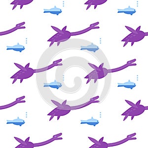 Seamless pattern with flat style icon of Plesiosauria. Background with dinosaur for different design. Loch nessie. photo