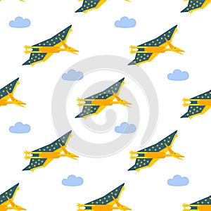 Seamless pattern with flat style icon of Pteranodon. Background with pterosaur.