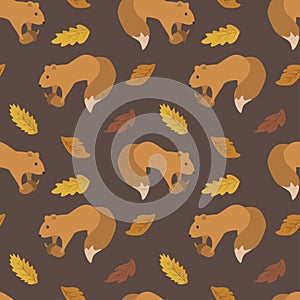 Seamless pattern in flat style with squirrel and autumn leaves