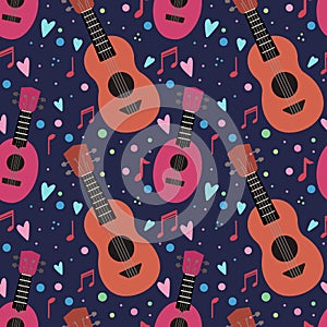 Seamless pattern with flat ukuleles with musical notes and hearts on dark violet background. Love music. Musical string instrument