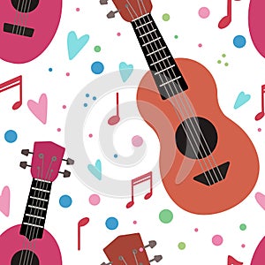 Seamless pattern with flat ukuleles with musical notes and hearts on white background. Love music. Musical string instrument.