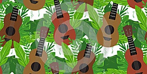 Seamless pattern with flat ukuleles with musical notes and tropical leaves. Hawaiian music. Musical string instrument. Seamless