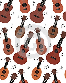 Seamless pattern with flat ukuleles with musical notes on white background. Hawaiian music. Musical string instrument. Seamless