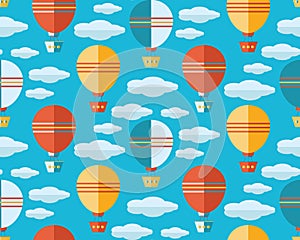 Seamless pattern in flat vector. Air balloon, aerostat flying in the blue sky among the clouds. Travel by air. Fun, kids