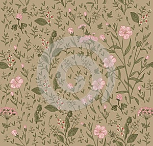 Seamless pattern Flax isolated flowers Vintage background Drawing engraving Vector illustration