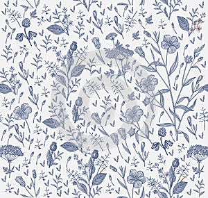 Seamless pattern Flax isolated flowers Vintage background Drawing engraving Vector illustration
