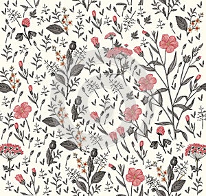 Seamless pattern Flax isolated flowers Vintage background Drawing engraving Vector illustration