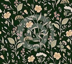 Seamless pattern Flax isolated flowers Vintage background Wallpaper Drawing engraving. Vector illustration